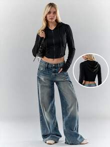 SHEIN Unity Black Cropped Hooded Zip Up Drawstring Slim Fit High Stretch Knit Jacket Long Sleeve Fall Going Out Night Out Date Night Party Club Back To School Y2K - Black - View 2