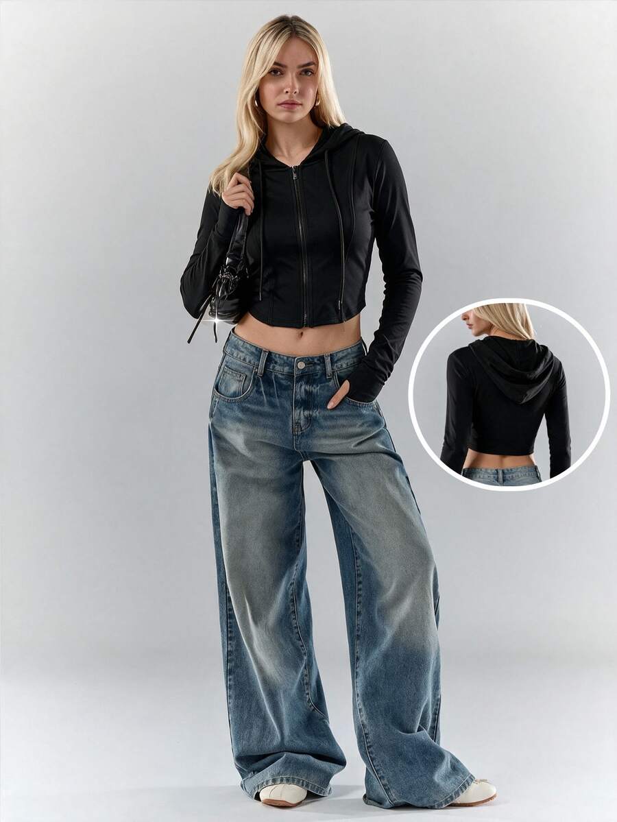 SHEIN Unity Black Cropped Hooded Zip Up Drawstring Slim Fit High Stretch Knit Jacket Long Sleeve Fall Going Out Night Out Date Night Party Club Back To School Y2K