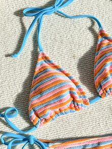 SHEIN Swim Women's Contrast Color Halter Tie Swimwear Set - Multicolor - View 5