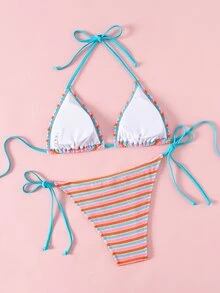 SHEIN Swim Women's Contrast Color Halter Tie Swimwear Set - Multicolor - View 4
