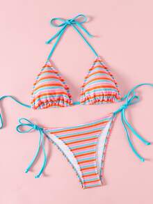 SHEIN Swim Women's Contrast Color Halter Tie Swimwear Set - Multicolor - View 3