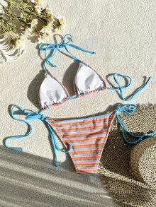 SHEIN Swim Women's Contrast Color Halter Tie Swimwear Set - Multicolor - View 2