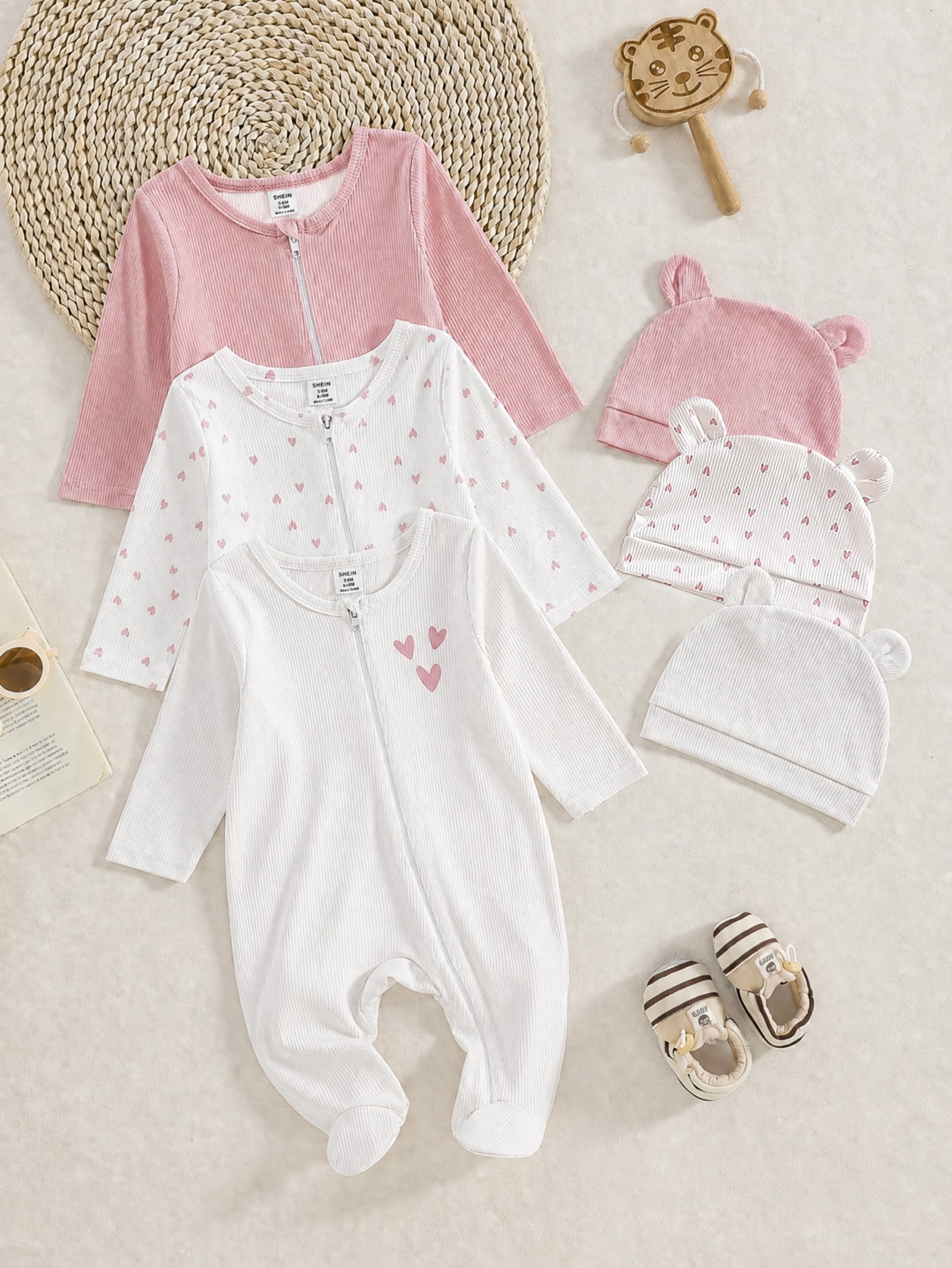 SHEIN 3 Peças/Conjunto Macacão de Manga Longa com Pé para Recém-Nascido, Estampa
