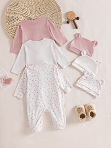 SHEIN 3件組新生兒長袖連身衣，簡約愛心印花信封領，舒適面料，可愛嬰兒居家穿著套裝 - 彩色 - 查看 3