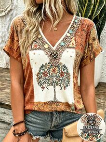 Selamara Bohemian Vintage Boho Style Beige Floral Faux Embroidery V-Neck T-Shirt, Summer Vacation Casual Short Sleeve Top - Multicolor - View 3