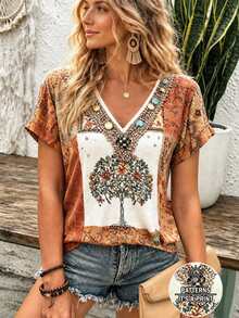 Selamara Bohemian Vintage Boho Style Beige Floral Faux Embroidery V-Neck T-Shirt, Summer Vacation Casual Short Sleeve Top - Multicolor - View 1