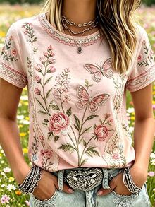 Selamara Boho Pink Floral Butterfly Print Crew Neck Short Sleeve Tee Vintage Rose Pattern Casual Summer Tops - Baby Pink - View 4
