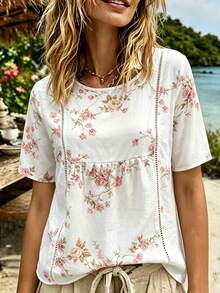 Selamara Vacation Style Casual Mid-Sleeve Hollow-Out White Blouse - White - View 3