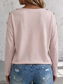 Selamara Fashion Casual Retro Basic Long Sleeve Khaki V-Neck Shoulder Button Design Plus Size T-Shirt - Khaki - View 2