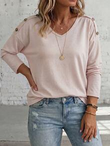 Selamara Fashion Casual Retro Basic Long Sleeve Khaki V-Neck Shoulder Button Design Plus Size T-Shirt - Khaki - View 5
