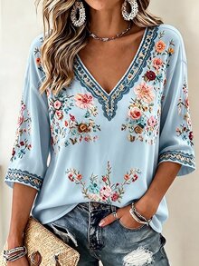 Selamara Women's Plus Size Floral Print V-Neck Casual Vacation Top - Blue - View 4