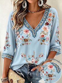 Selamara Women's Plus Size Floral Print V-Neck Casual Vacation Top - Blue - View 3