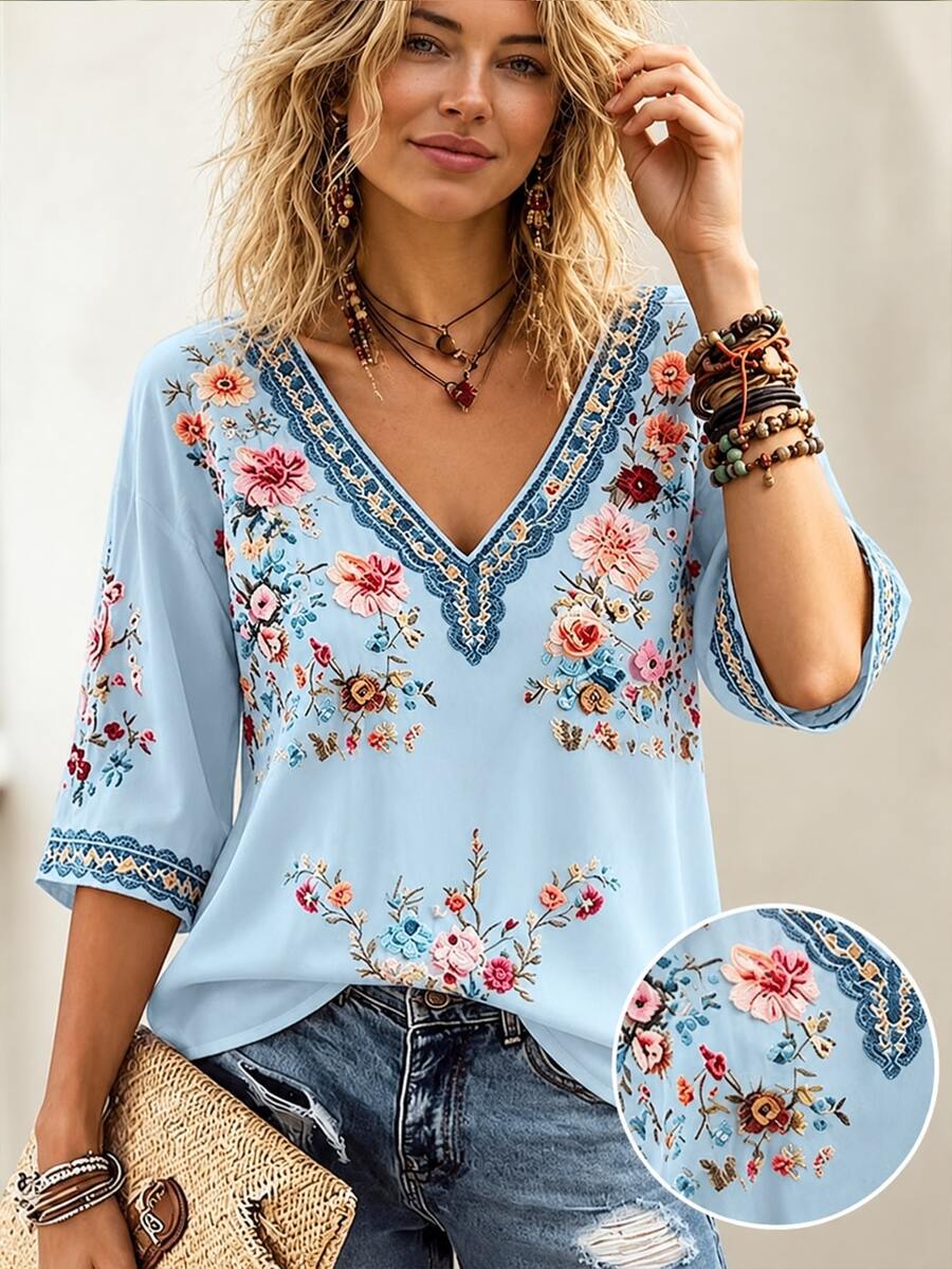 Selamara Women's Plus Size Floral Print V-Neck Casual Vacation Top - Blue - View 1