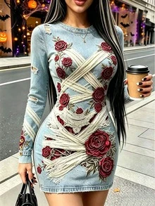 Selamara Women's Casual Long Sleeve Printed Dress, Halloween Dress - Multicolor - View 5