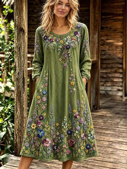 Selamara Women's Vintage Boho Green Floral Long Sleeve Vacation Dress Brunch Garden Party Autumn
