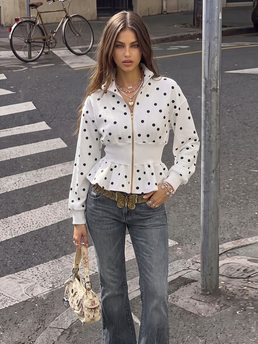 SuriyaCove Spring Summer Autumn French White And Black Polka Dot Waist-Cinching Zipper Sweatshirt, Stand Collar Long Sleeve Ruffle Hem Vintage Retro Elegant - Black and White - View 1