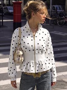 SuriyaCove Spring Summer Autumn French White And Black Polka Dot Waist-Cinching Zipper Sweatshirt, Stand Collar Long Sleeve Ruffle Hem Vintage Retro Elegant - Black and White - View 3