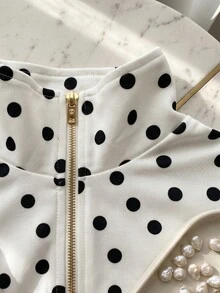SuriyaCove Spring Summer Autumn French White And Black Polka Dot Waist-Cinching Zipper Sweatshirt, Stand Collar Long Sleeve Ruffle Hem Vintage Retro Elegant - Black and White - View 8