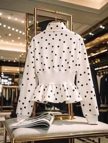 SuriyaCove Spring Summer Autumn French White And Black Polka Dot Waist-Cinching Zipper Sweatshirt, Stand Collar Long Sleeve Ruffle Hem Vintage Retro Elegant - Black and White - View 7