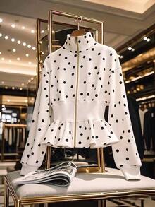 SuriyaCove Spring Summer Autumn French White And Black Polka Dot Waist-Cinching Zipper Sweatshirt, Stand Collar Long Sleeve Ruffle Hem Vintage Retro Elegant - Black and White - View 6