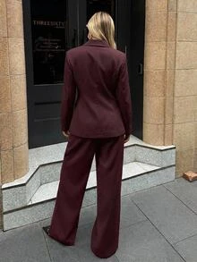 Aloruh Setelan 2 Potong Wanita Elegan untuk Kerja/Pergi Kerja, Blazer Burgundy + Celana Panjang Lurus dengan Dekorasi Kancing Logam Warna Polos - Burgundy - View 2