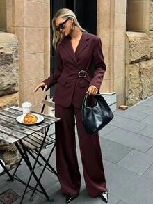 Aloruh Setelan 2 Potong Wanita Elegan untuk Kerja/Pergi Kerja, Blazer Burgundy + Celana Panjang Lurus dengan Dekorasi Kancing Logam Warna Polos - Burgundy - View 1
