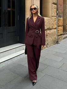 Aloruh Setelan 2 Potong Wanita Elegan untuk Kerja/Pergi Kerja, Blazer Burgundy + Celana Panjang Lurus dengan Dekorasi Kancing Logam Warna Polos - Burgundy - View 3