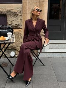Aloruh Setelan 2 Potong Wanita Elegan untuk Kerja/Pergi Kerja, Blazer Burgundy + Celana Panjang Lurus dengan Dekorasi Kancing Logam Warna Polos - Burgundy - View 6