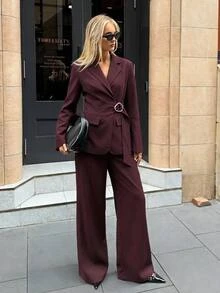 Aloruh Setelan 2 Potong Wanita Elegan untuk Kerja/Pergi Kerja, Blazer Burgundy + Celana Panjang Lurus dengan Dekorasi Kancing Logam Warna Polos - Burgundy - View 5