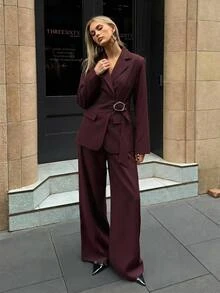 Aloruh Setelan 2 Potong Wanita Elegan untuk Kerja/Pergi Kerja, Blazer Burgundy + Celana Panjang Lurus dengan Dekorasi Kancing Logam Warna Polos - Burgundy - View 7