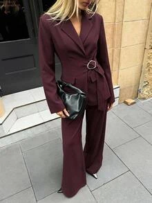 Aloruh Setelan 2 Potong Wanita Elegan untuk Kerja/Pergi Kerja, Blazer Burgundy + Celana Panjang Lurus dengan Dekorasi Kancing Logam Warna Polos - Burgundy - View 4