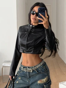 Coolane 女款秋冬外出休閒賽車日必備時尚黑色皮革長袖短版夾克，賽車夾克 - 黑色 - 查看 2
