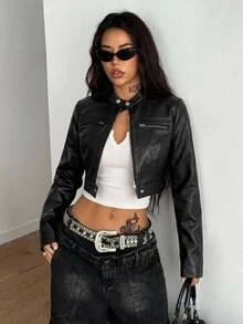 Coolane 女款秋冬外出休閒賽車日必備時尚黑色皮革長袖短版夾克，賽車夾克 - 黑色 - 查看 3
