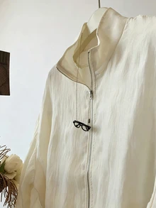 INAWLY 夏季新款韓式立領抽繩短版防曬外套女款，輕量皺褶面料，寬鬆顯瘦百搭拉鍊夾克上衣 - 杏色 - 查看 10