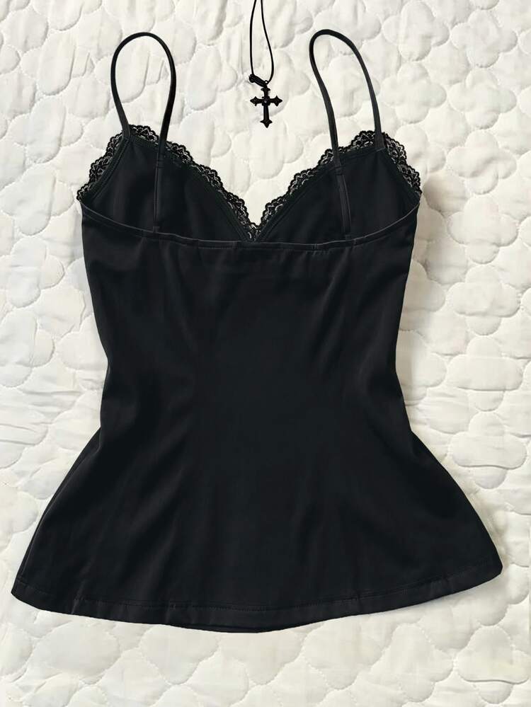 IslaSuriya 女款性感時尚蕾絲拼接細肩帶背心上衣，約會穿搭 - 黑色 - 查看 2