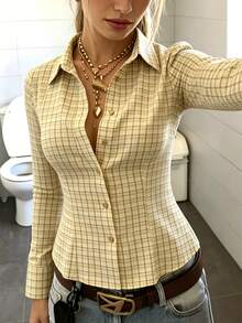 IslaSuriya Plaid Collar Long Sleeve Women's Shirt - Yellow - View 9