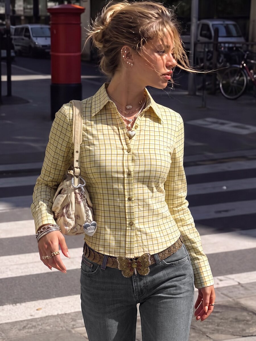 IslaSuriya Plaid Collar Long Sleeve Women's Shirt - Yellow - View 1