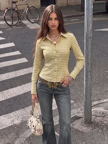 IslaSuriya Plaid Collar Long Sleeve Women's Shirt - Yellow - View 5