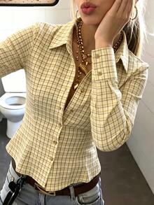 IslaSuriya Plaid Collar Long Sleeve Women's Shirt - Yellow - View 11