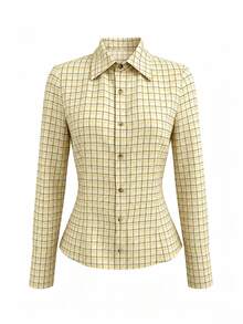 IslaSuriya Plaid Collar Long Sleeve Women's Shirt - Yellow - View 10