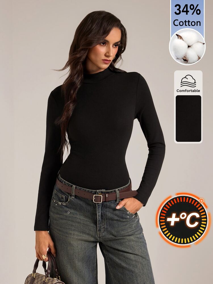 SHEIN Tall Camiseta térmica de manga larga para mujer en color negro (para mujeres altas) – Adecuada para trabajo/desplazamiento - Negro - Añade 5