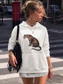IslaSuriya 白色動物印花灰色墨水連帽口袋寬鬆休閒街頭風女款衛衣，日常外出秋季穿搭 - 白色 - 查看 4