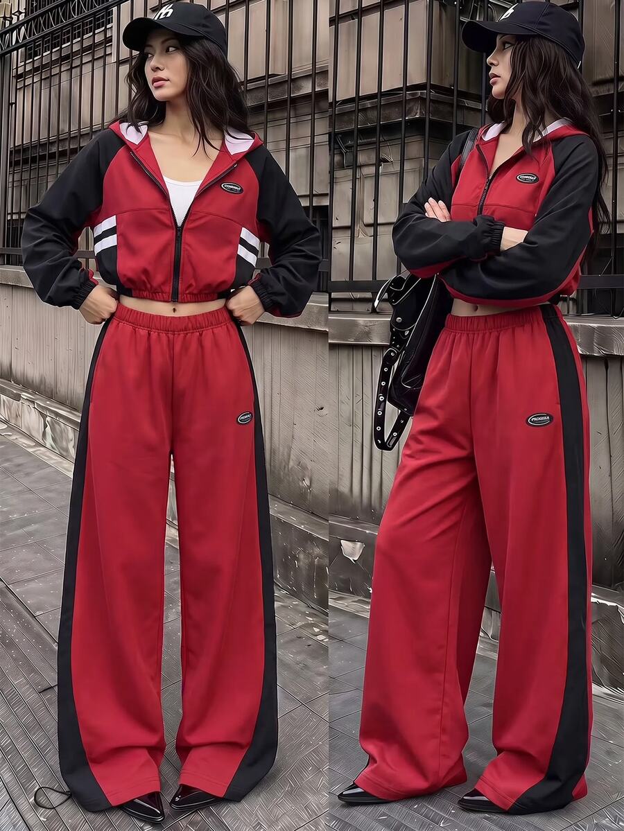 SHEIN 青少年女孩 T-shirt 套裝,紅色,短袖上衣 + 長褲 2 件套,寬鬆版型,秋季保暖,休閒街頭風,圓領,印花,度假風 - 彩色 - 查看 1