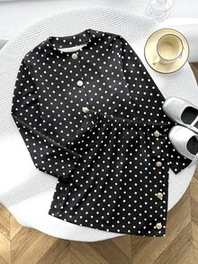 SHEIN Tween Girl Elegant Urban Chic Polka Dot Print Long Sleeve Jacket And Mini Skirt 2Pcs Set - Black - View 6
