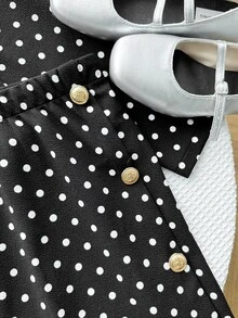 SHEIN Tween Girl Elegant Urban Chic Polka Dot Print Long Sleeve Jacket And Mini Skirt 2Pcs Set - Black - View 10
