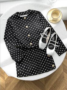 SHEIN Tween Girl Elegant Urban Chic Polka Dot Print Long Sleeve Jacket And Mini Skirt 2Pcs Set - Black - View 4