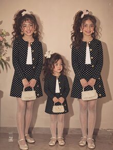 SHEIN Tween Girl Elegant Urban Chic Polka Dot Print Long Sleeve Jacket And Mini Skirt 2Pcs Set - Black - View 13