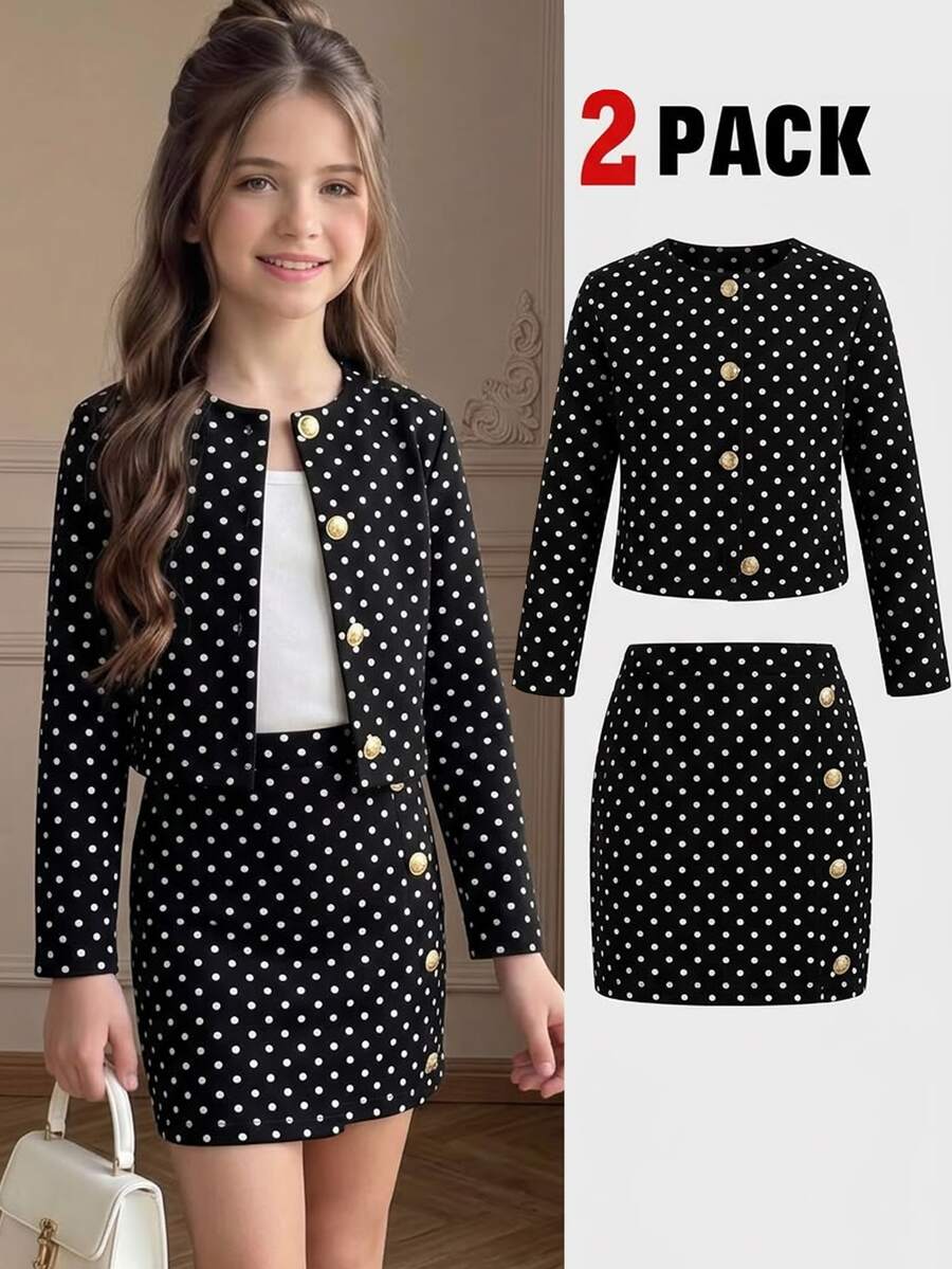 SHEIN Tween Girl Elegant Urban Chic Polka Dot Print Long Sleeve Jacket And Mini Skirt 2Pcs Set - Black - View 1