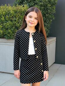 SHEIN Tween Girl Elegant Urban Chic Polka Dot Print Long Sleeve Jacket And Mini Skirt 2Pcs Set - Black - View 11