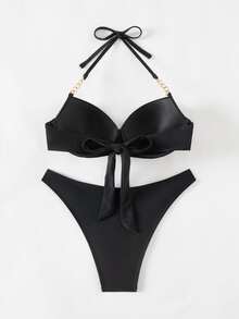 SHEIN Swim 女款海灘度假掛脖露背泳衣黑色比基尼套裝，附撐骨設計，適合夏季 - 黑色 - 查看 2